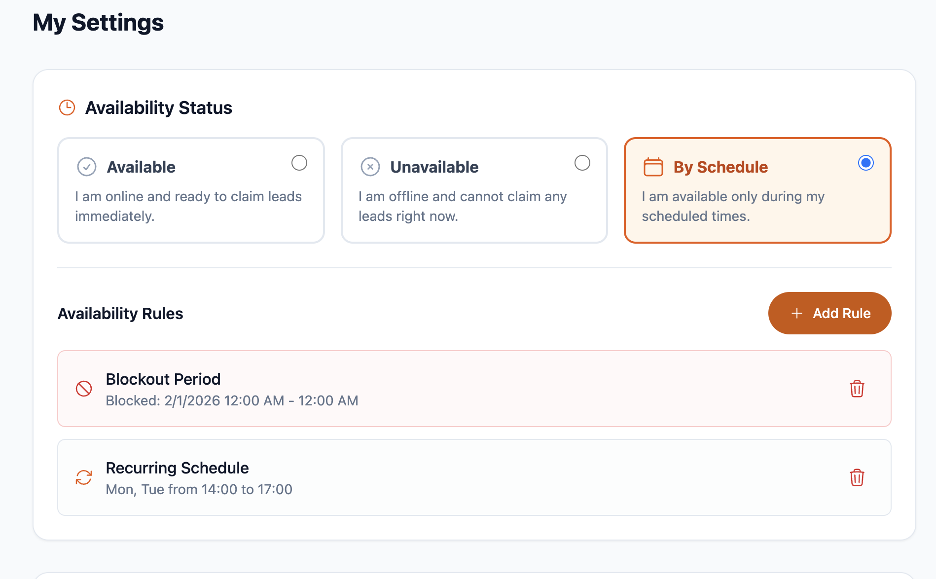 Agent toggling availability for lead assignment