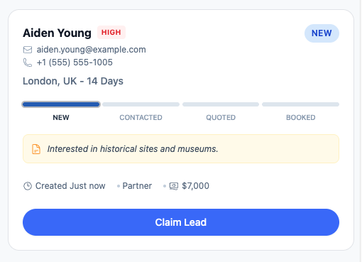 Unassigned travel inquiries visible to the team
